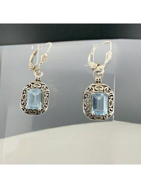 Sterling Silver 925 Swiss Blue Topaz Filagree Style Dangle Earrings Leverback